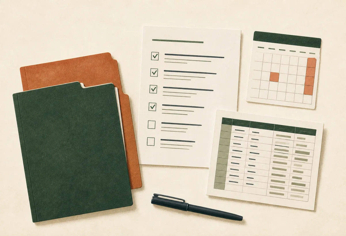 Editorial illustration of file folders, a checklist, calendar, spreadsheet, and pen arranged as an application evidence kit