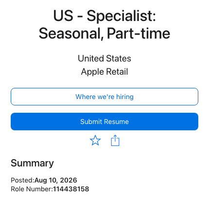 Cropped Apple Jobs posting header for a seasonal retail specialist role showing the title, a location given only as United States, the Apple Retail team, a Submit Resume button, the posted date, and the role number, with no pay figure.