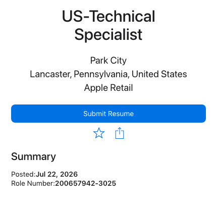 Cropped Apple Jobs posting header for a technical specialist role at Park City Lancaster, Pennsylvania showing the title, store location, Apple Retail team, posted date, and role number, with no pay figure.