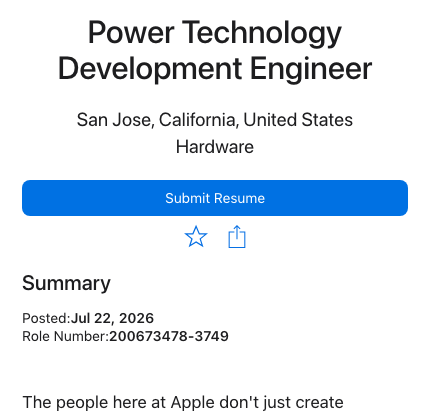 Cropped Apple Jobs posting header for a power technology development engineer role in San Jose, California showing the title, location, Hardware team, posted date, and role number, with no pay figure visible in the header.