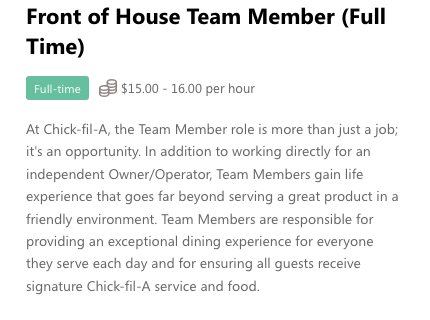 Cropped Chick-fil-A franchise posting for a full-time front of house team member showing the role title, a full-time badge, an hourly pay range, and description text naming an independent Owner/Operator.