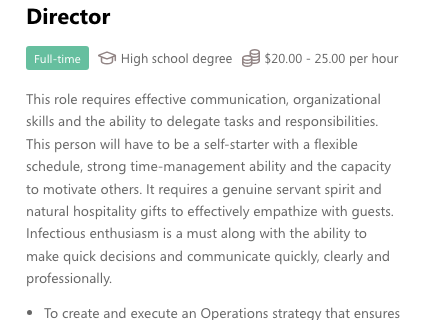 Cropped Chick-fil-A franchise posting for a full-time director role showing the role title, a full-time badge, a high school degree requirement, and an hourly pay range.