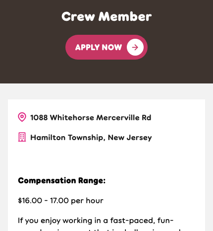 Cropped Dunkin' posting for a crew member role in Hamilton Township, New Jersey showing the role title, an Apply Now button, the restaurant street address, and a compensation range line.