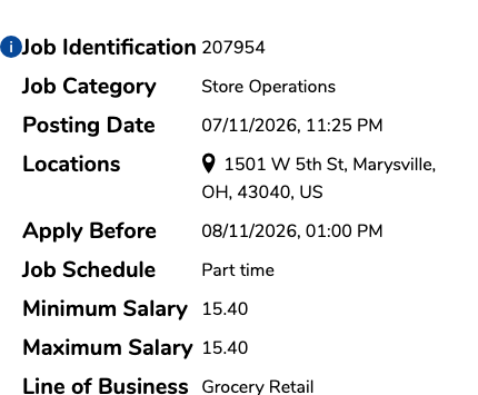 Cropped Kroger job detail block for a Marysville, Ohio cashier role listing job identification, category, posting date, street address, an apply-before deadline, part-time schedule, and minimum and maximum salary rows.