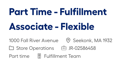 Cropped Lowe's posting banner for a Seekonk, Massachusetts fulfillment associate role showing the role title, street address, store operations category, requisition ID, part-time status, and team.