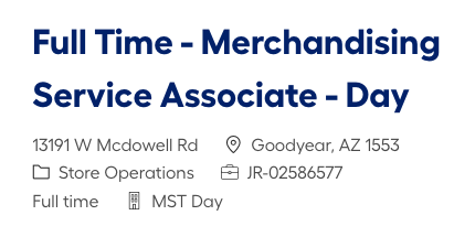 Cropped Lowe's posting banner for a Goodyear, Arizona merchandising service associate role showing the role title, street address, store operations category, requisition ID, full-time status, and team.