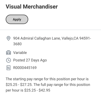 Cropped Target Workday requisition facts for Vallejo showing the role title, store address, Variable time type, posted date, requisition ID, and both the starting and full hourly pay ranges.