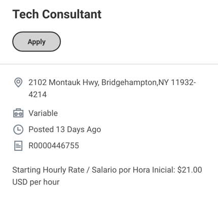 Cropped Target Workday requisition facts for Bridgehampton showing the role title, store address, Variable time type, a Posted 13 Days Ago stamp, requisition ID, and a single starting hourly rate.
