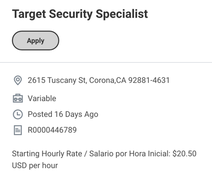 Cropped Target Workday requisition facts for Corona showing the role title, store address, Variable time type, posted date, requisition ID, and a single starting hourly rate.