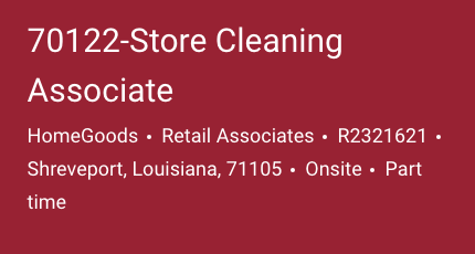 Cropped TJX posting banner for a Marshalls store in Shreveport, Louisiana showing the role title, brand, category, requisition ID, location, onsite label, and part-time job type, with no pay field.