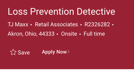 Cropped TJX posting banner for a TJ Maxx store in Akron, Ohio showing the role title, brand, category, requisition ID, location, onsite label, and full-time job type, with no pay field.