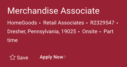 Cropped TJX posting banner for a HomeGoods store in Dresher, Pennsylvania showing the role title, brand, category, requisition ID, location, onsite label, and part-time job type, with no pay field.