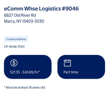 Cropped Walmart requisition facts for Marcy showing the facility, address, openings, requisition ID, pay range, part-time status, and minimum age.